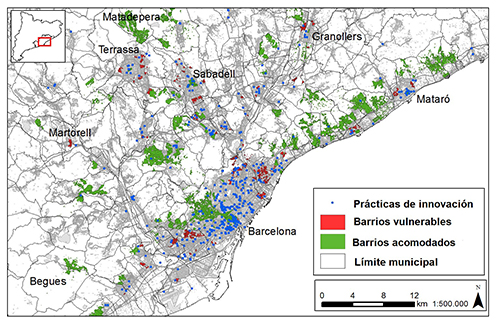 Intensidad de segregaci&oacute;n urbana vs. localizaci&oacute;n de pr&aacute;cticas de innovaci&oacute;n social (Regi&oacute;n Metropolitana de Barcelona)