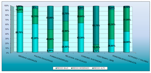 Distribuci&oacute;n del riesgo en cada &aacute;rea del IGI-J, para el grupo de reincidentes a los 2 a&ntilde;os (N=49)